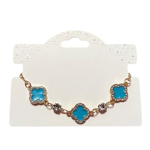 Elegant Blue Clover Rhinestone Gold Tone Bracelet - Picture 4 of 4